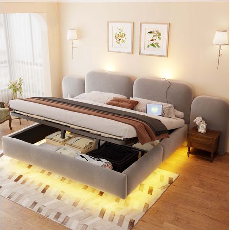 Letto contenitore 180x200 cm con LED RGB, USB e USB-C, grigio DESVIAE (1/5)