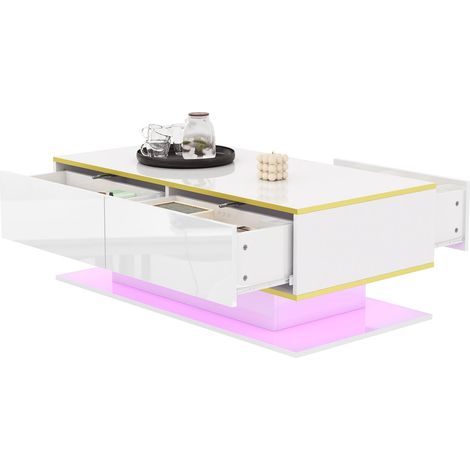 Table basse moderne à LED avec finition brillante, 100 cm de long, bordure dorée, 3 tiroirs et bande lumineuse LED USB (adaptateur/batterie externe requis) (1/5)
