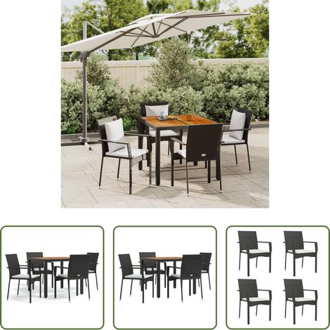 Gartenessgruppe - 5-tlg. Garten-Essgruppe mit Kissen Schwarz Poly Rattan (1/5)