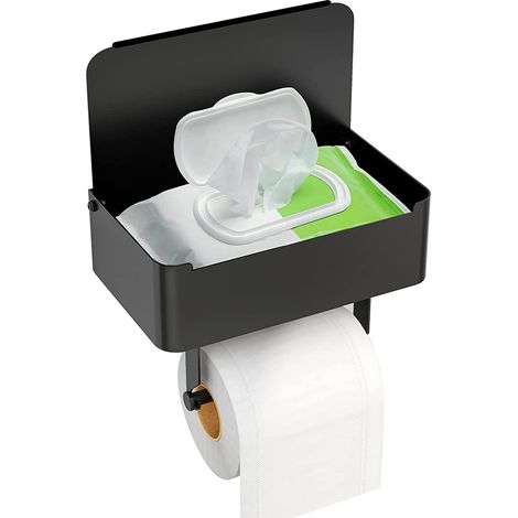 Porte-papier hygiénique avec étagère, distributeur de lingettes pour la salle de bain, gardez vos lingettes cachées à l'abri des regards - Organisateur mural en acier inoxydable SUS304 ( Matte Black ) (1/5)