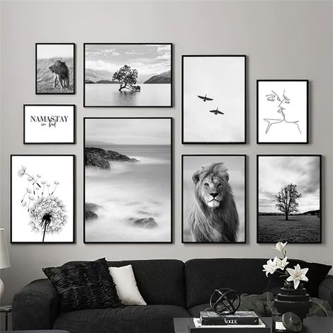Ensemble de 9 tableaux décoratifs (20 x 15 cm) représentant un paysage nordique minimaliste moderne en noir et blanc avec des lions et des pissenlits (1/4)