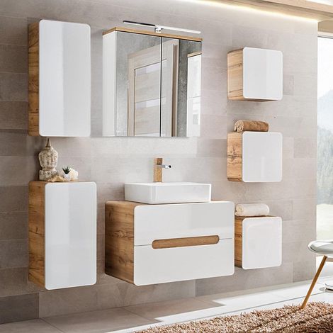 Badezimmer Möbelset Hochglanz weiß, Wotan Eiche Nb. LUTON-56 Keramikbecken & LED-Spiegelschrank B/H/T ca. 180/200/46 cm (1/5)