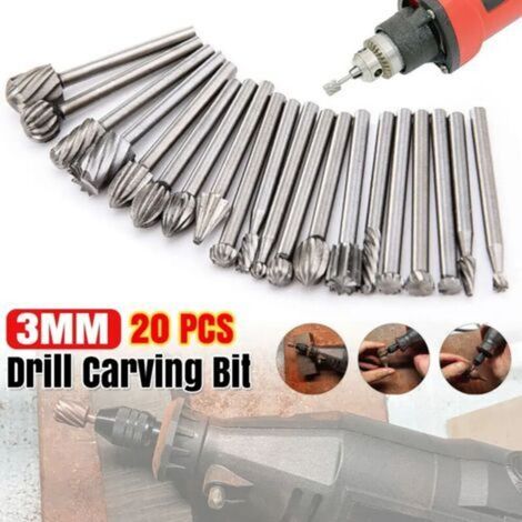 Juego de 20 fresas rotativas de carburo – Vástago de 3 mm – Para trabajar la madera y el metal – Compatible con Dremel y otras herramientas rotativas
