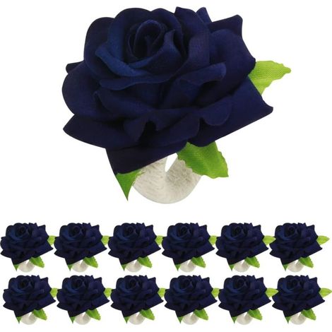Serviettes rondes à motif floral pour décorations de mariage, Noël et Pâques (bleu marine), lot de 12 (1/5)