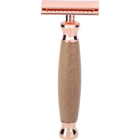 Rasoir double lame portable pour hommes avec manche en bois - Tondeuse à barbe et poils corporels couleur or rose (1/5)