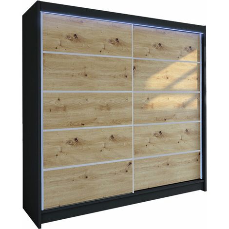 Armario Closico 153, Negro + Roble Artisan, 215x180x58cm, Puertas de armario: Correderas, Número de estantes: 5, LED (1/4)