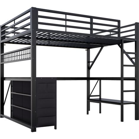 Metall-Hochbett 140 x 200 cm mit Schreibtisch, Schubladen, Regalen und LED MODENUIT (1/5)