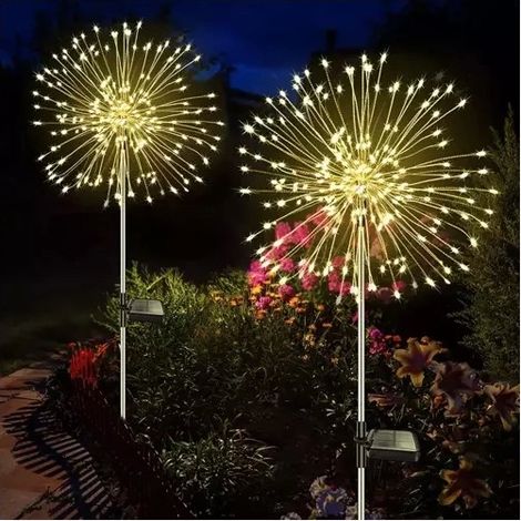 Lámpara solar de exterior para fuegos artificiales, 120 LED, energía solar, juego de 2