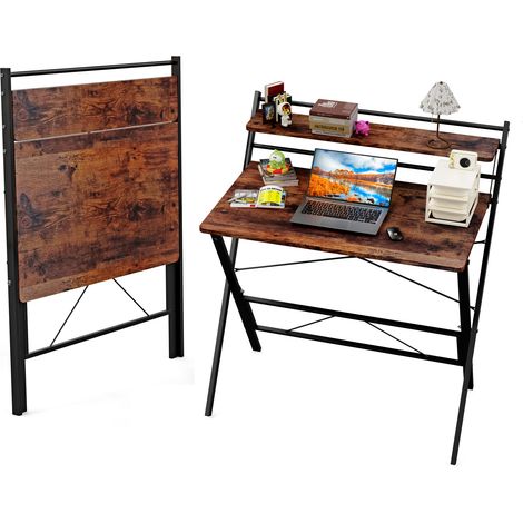 Haloyo® Table d'ordinateur pliante, Bureau d'ordinateur, Bureau avec Étagères, 80X50X107cm, brun (1/5)
