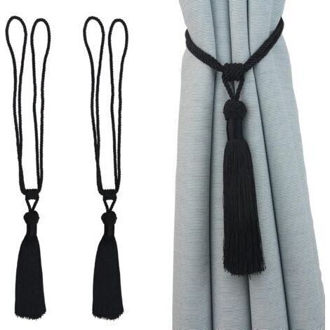 Lot de 2 embrasses de Rideaux Faites à la Main en Corde avec Pompons pour décoration de Bureau Maison (Noir, 2)