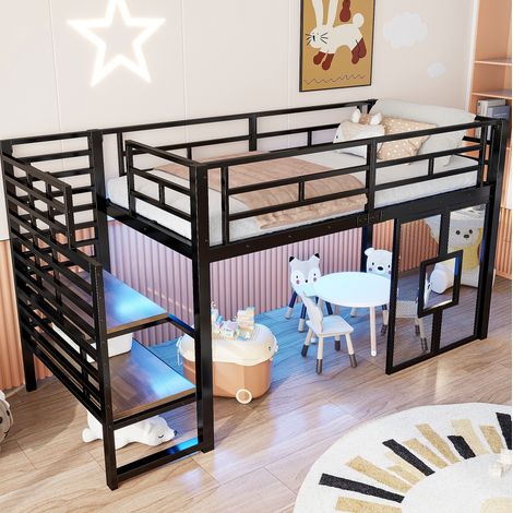 Lit mezzanine en métal noir 90x200 cm avec escalier, rangement et LED