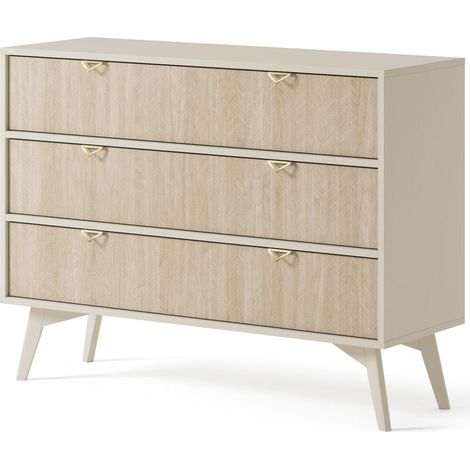 Cassettiera: 3 cassetti, Beige sabbia / Spina di pesce scandi, gambe in legno, 106 x 80 x 38 cm (1/5)