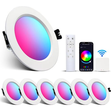 Spot LED Encastrable RGBW 220V, Connectée Alexa WIFI APP Bluetooth, Multicolore Dimmable Intensité Réglable, 2700K-6000K, 10W, Alu, plafonnier avec passerelle intelligente et télécommande, Lot de 6