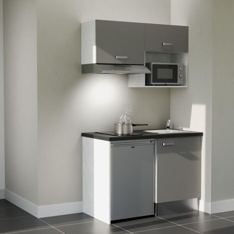 Kitchenette K02L-PT - 120 cm - plan stratifié, évier inox, - Façade Gris - Plan Noir texturé - Evier Inox - Crédences Non + Electroménager inclus coloris Inox