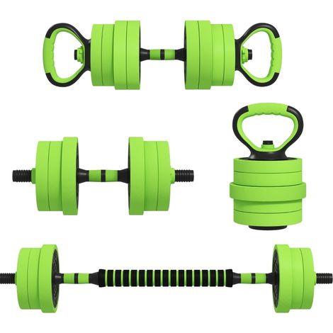 CHICFURN Set de pesas 4 en 1 ajustable 20 kg verde con mancuernas, barra, kettlebell y apoyos (1/5)