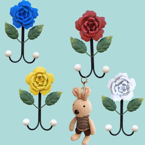 Crochet double en fer forgé en forme de rose, petit crochet de porte, décoration murale sans perforation pour salle de bain, cuisine ou porche. (1/5)