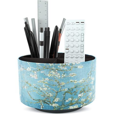 Porte-stylo rond en cuir, rotatif à 360°, support de télécommande, table de chevet, télécommande TV, organisateur de bureau pour stylos, fournitures de bureau, boîte de rangement (1 fleur de (1/5)