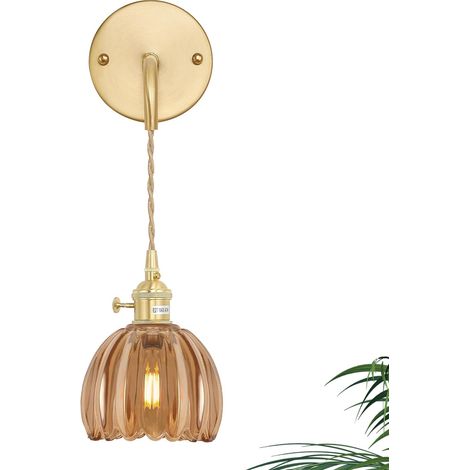 Applique murale rétro 220V avec abat-jour en verre tulipe doré, chaîne réglable, applique de chevet E26 pour chambre à coucher (ampoule incluse) (1/5)