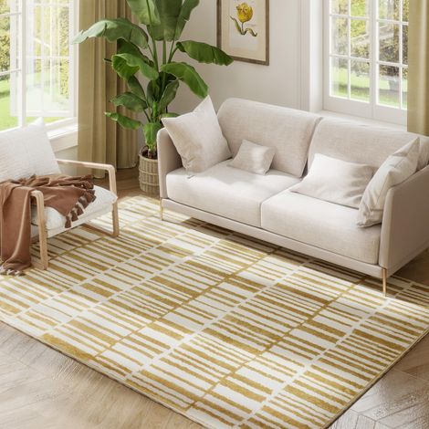Tapis Salon 200 x 140 cm Tapis à Poils Courts, Lavable en Machine, hypoallergénique, pour Salon, Chambre à Coucher, Bureau, Jaune (1/5)