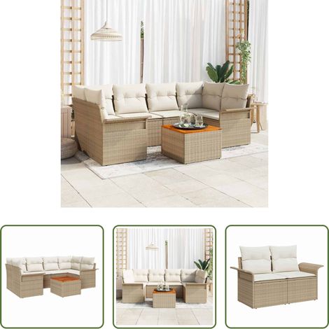 Gartentisch - Gartensofa-set mit Kissen 7 pcs Beige Poly-Rattan (1/5)