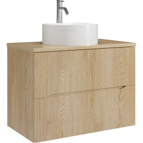 Mobile bagno sospeso scanalato con lavabo da appoggio rotondo e rubinetto Naturale chiaro 80 cm - ORISO (1/4)