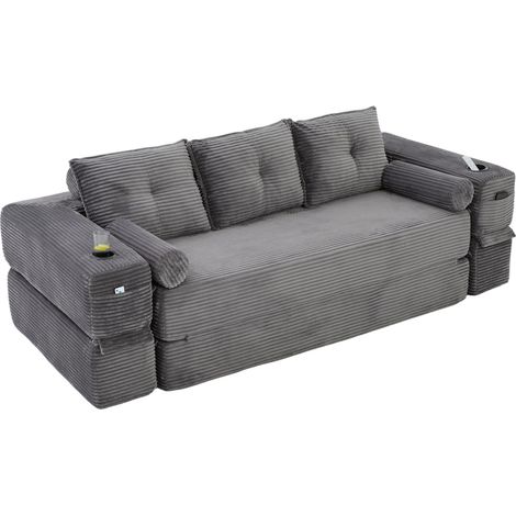 Sofá cama de 3 plazas en pana gris oscuro, espuma y muelles, con bolsillos y portavasos (1/5)