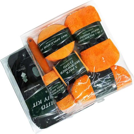 Kit de nettoyage auto 9 pièces comprenant : gant de lavage en microfibre, éponge, tampon de cire et brosse pour jantes. Anti-rayures. Idéal pour l'entretien de votre voiture. Couleur orange. (1/5)