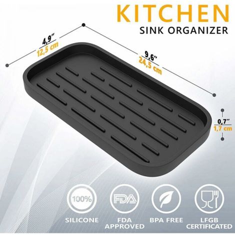Tapis égouttoir à vaisselle en silicone - Organisateur d'évier pour éponges, brosses, savon, verres à vin, tapis égouttoir antidérapant pour éponges/évier (noir) (1/4)