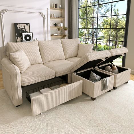 Canapé d'angle multifonctionnel en forme de U (3 places) – Canapé rembourré avec rangement – ​​Comprend des tiroirs et un pouf de rangement – ​​Tissu velours côtelé (1/4)