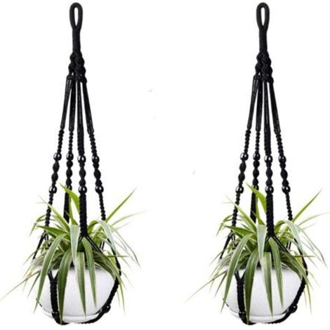 Deux paniers suspendus en corde de coton noir pour plantes d'intérieur, de 98 cm chacun, ornés de perles en bois. Crochets non inclus.