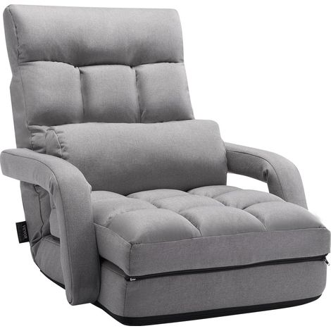 Chaise de sol pliante, fauteuil de sol à 5 positions réglables et support dorsal, chaise de canapé avec accoudoirs pour adultes, canapé-lit avec coussin de dossier pour salon et chambre, gris (1/5)