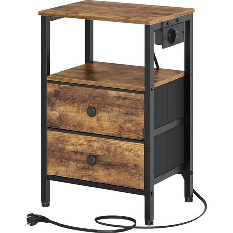 Table de Nuit avec Station de Charge, Table d’Appoint avec Prises et USB, Table Basse avec tiroirs et étagères, pour Petit Espace, Salon, Chambre, Bureau, Marron Rustique et Noir XET02CBRY1 (1/5)