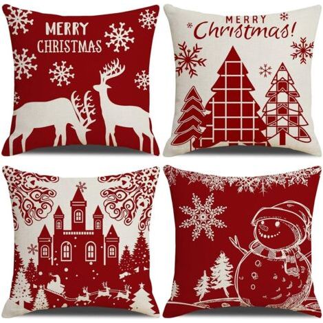 Housse de Coussin Noel 45x45cm, Lot de 4 Noël Décoratif Canapé en Coton et Lin Noël pour Canapé Lit Chambre Chaise Jardin-Décoration Noël Rouge