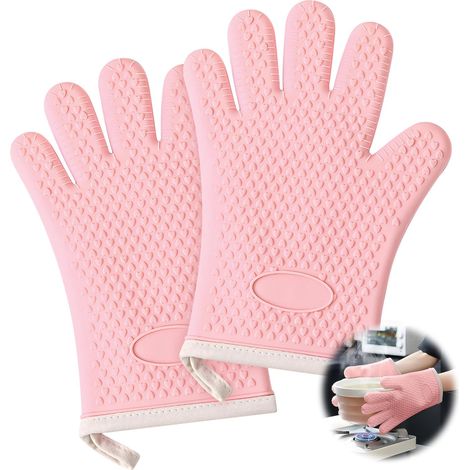Heat-resistant kitchen gloves with silicone cotton lining, oven gloves up to 1200°C, waterproof and non-slip, set of 2 five-finger cooking gloves. (1/5)