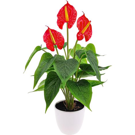 Plantes artificielles Anthurium de 38,1 cm - Petites fleurs tropicales rouges en pot avec pot bonsaï pour la maison, le salon, la salle de bain, le bureau, l'intérieur et l'extérieur (1/5)