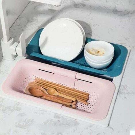 Sink Drain Basket, Drain Rack, Multifunctional Storage Shelf, Adjustable Dish Drainer (1 Green, 1 Pink) (1/4)