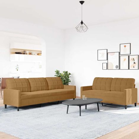 2-tlg. Sofagarnitur mit Kissen Braun Samt