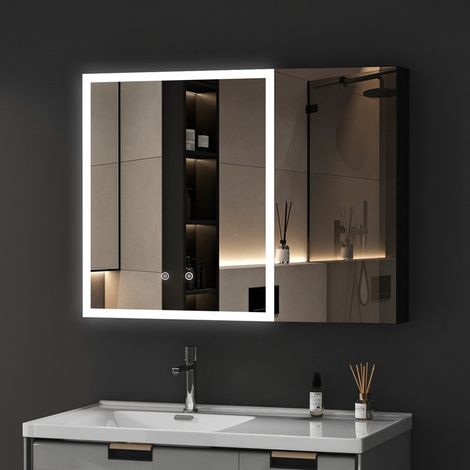 Schwarz Spiegelschrank Bad mit Beleuchtung 80 x 60 cm Badezimmer Spiegelschrank mit Beleuchtung Badezimmerschrank mit Spiegel bad Hängeschränke mit 3 Einstellbare Lichtfarben + Beschlagfrei (1/5)