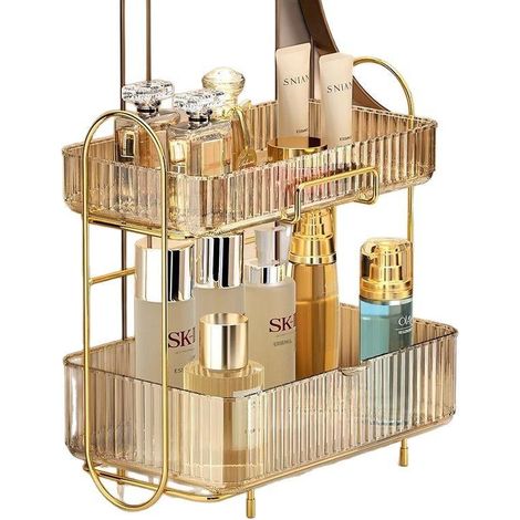 Organisateur de maquillage - Boîte de rangement pour maquillage - Rangement vertical à 3 niveaux avec accessoires réglables - Montage facile sans outil - 1 pièce pour coiffeuse - Or champagne (1/5)