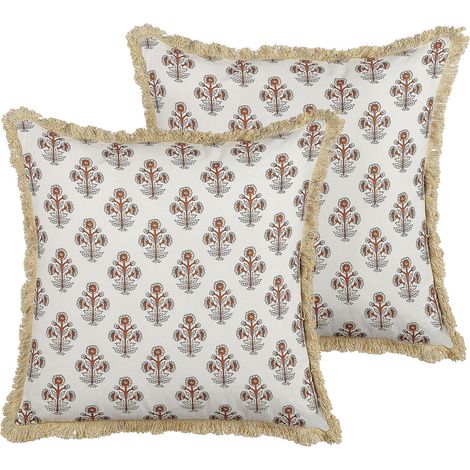 2 Coussins Décoratifs en Coton Motif Fleurs Pompons 45 x 45 cm Blanc Omorika