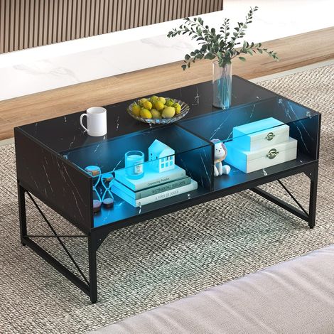 COSTWAY Table Basse Moderne, Table de Salon avec Luminère LED Télécommodée, 4 Compartiments Ouverts, Plateau en Verre Trempé, Design Marbre, Cadre en Métal (Noir) (1/5)