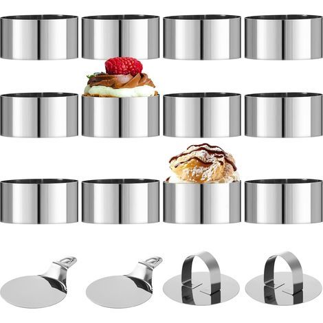 12 x Stainless Steel Pastry Circles with Lid, with Base, 8 cm Circular Foam Ring, Suitable for Making Mousse Biscuits (1/5)