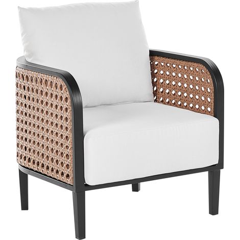 Sillón de jardín exterior metal de aluminio con cojines gruesos blanco crema impermeable respaldo trenza vienesa ratán sintético Montefalco