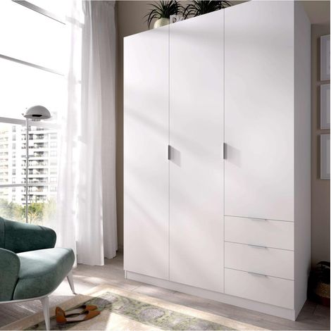 Armario ropero Marcela 3 puertas abatibles y 3 cajones en blanco 184 cm(alto)121 cm(ancho)52 cm(largo