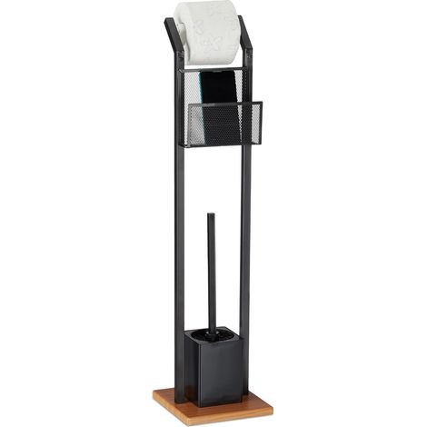 Ensemble WC AV. étagère, Brosse WC et dérouleur Papier, Support pour Portable, Aspect Bois, H 78 cm, Noir (1/5)