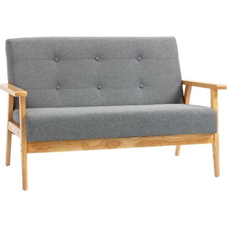 2 Seater Sofa Modern Linen Fabric Upholstery Tufted Couch with Rubberwood Legs for Living Room and Kitchen, Dark Grey