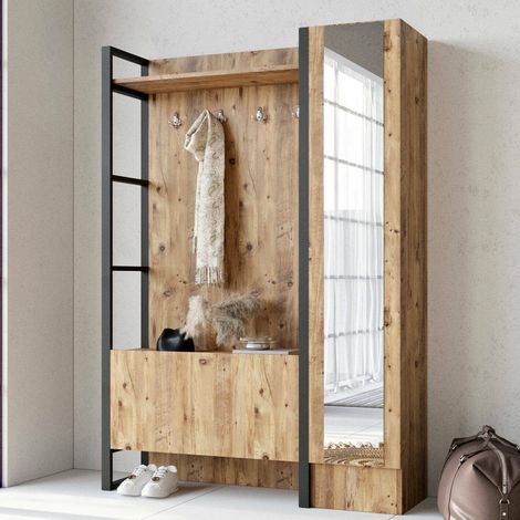 Garderobenschrank Damaskus, inkl. Spiegel, Kleiderhaken, 5 Regale, 126x34x180h cm Eiche Braun (1/4)