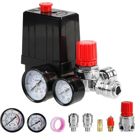 1 - Kompressor-Druckschalter - Druckregler - 90-120 PSI-Steuerung mit Manometer und Sicherheitsventil - Für Werkstatt- und Fabrikeinsatz - Schwarz - 220 V (1/5)