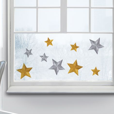 Sticker Vitre Noël Étoiles Dorées et Argentées, 23 cm X 67 cm, Autocollant Electrostatique pour Fenêtre et Vitre (1/2)