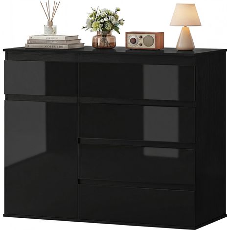 Buffet moderne. Rangement 5 tiroirs, étagère réglable porte fermeture amortie. Noir laqué brillant. (1/5)